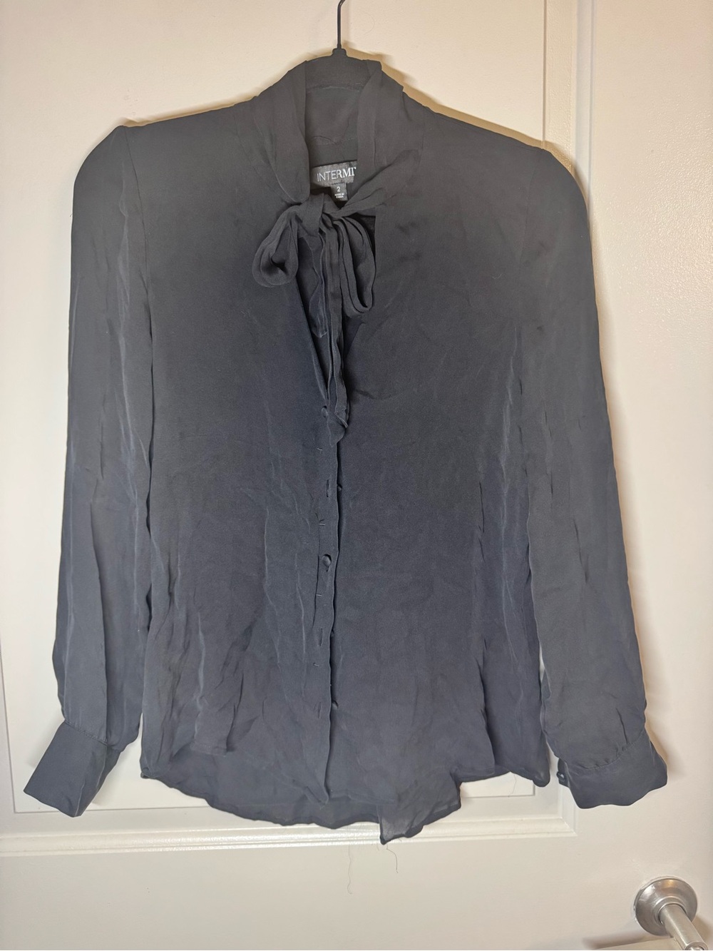 INTERMIX Black Tie-Neck Silk Blouse